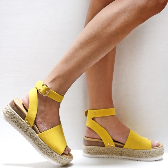 New Yellow Mustard Flatform Espadrille Sandals - Picture 3 of 5